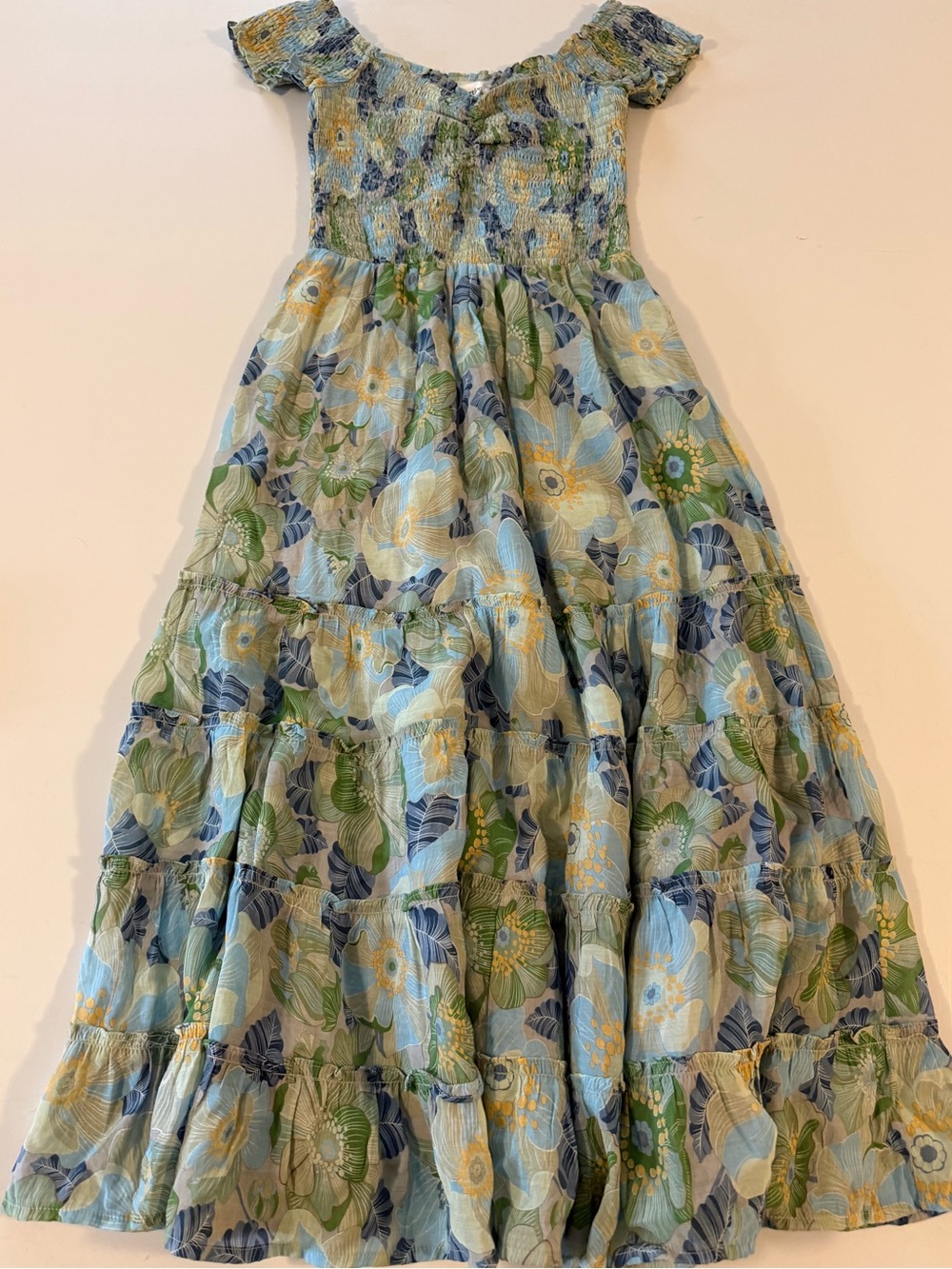 Heartloom Floral Smocked Tiered Midi Dress Blue Green Off Shoulder Boho